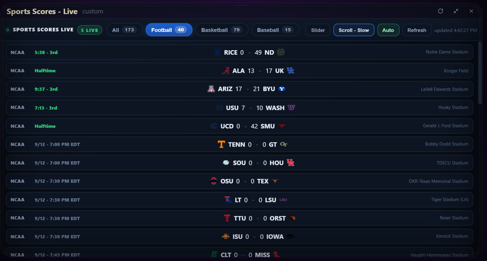 Live Sports Scores - List View